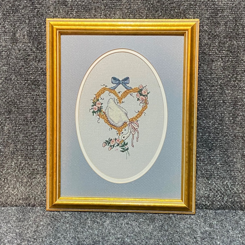 Vintage Framed Cross Stitch Goose Heart Floral Wreath Gold Frame 10.5x13.5 Decor